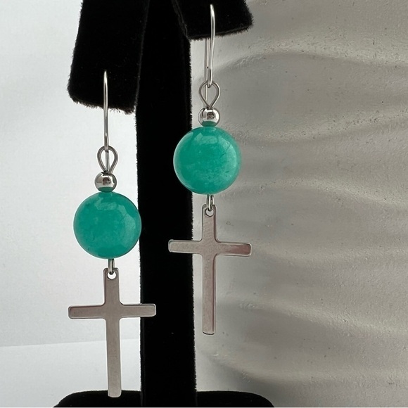 Jade Beaded Dangle Earrings with Cross Charms - Picture 1 of 12